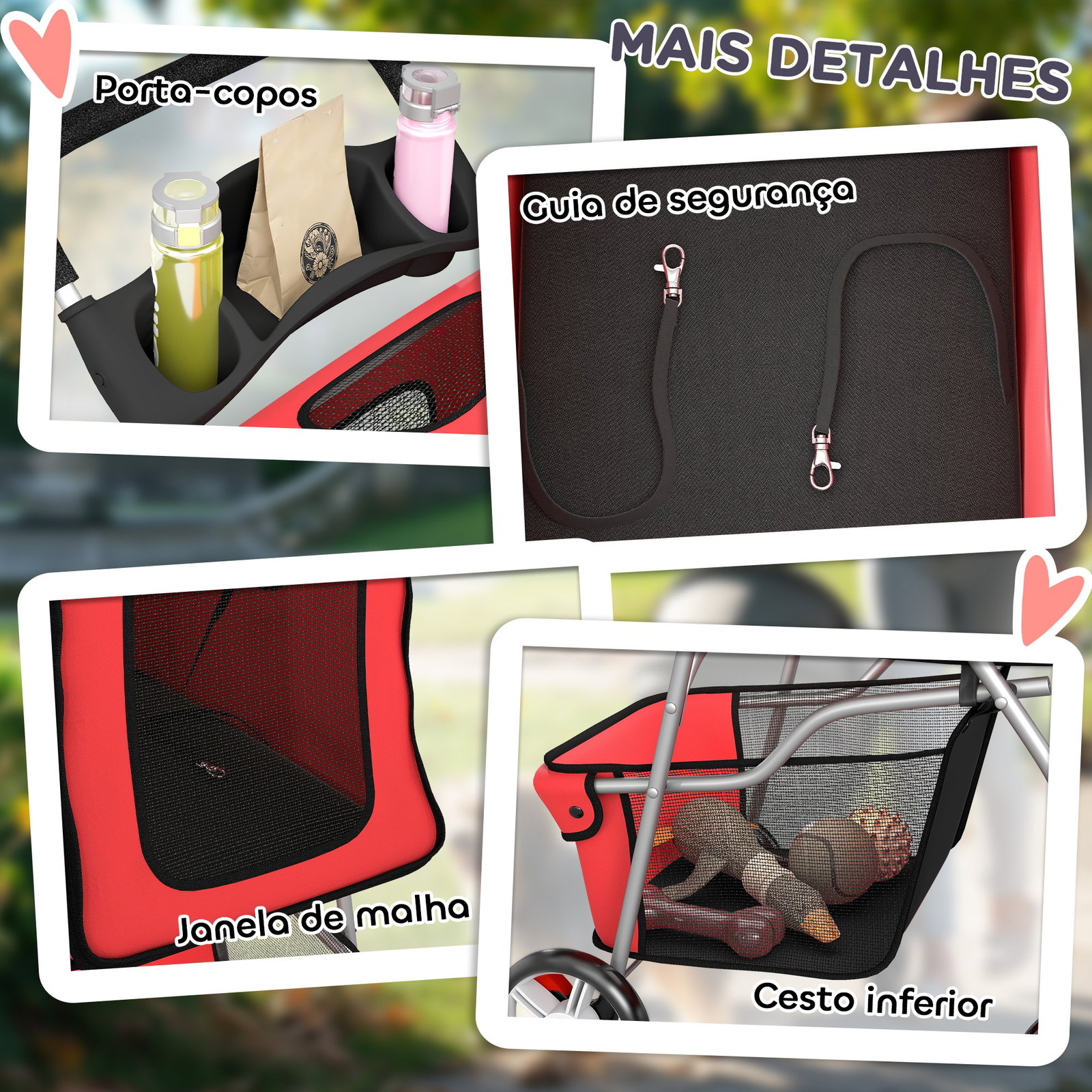 Carrinho para cães pequenos com cesta de armazenamento suportes para copos rodas e almofada lavável 77x44x102 cm vermelho