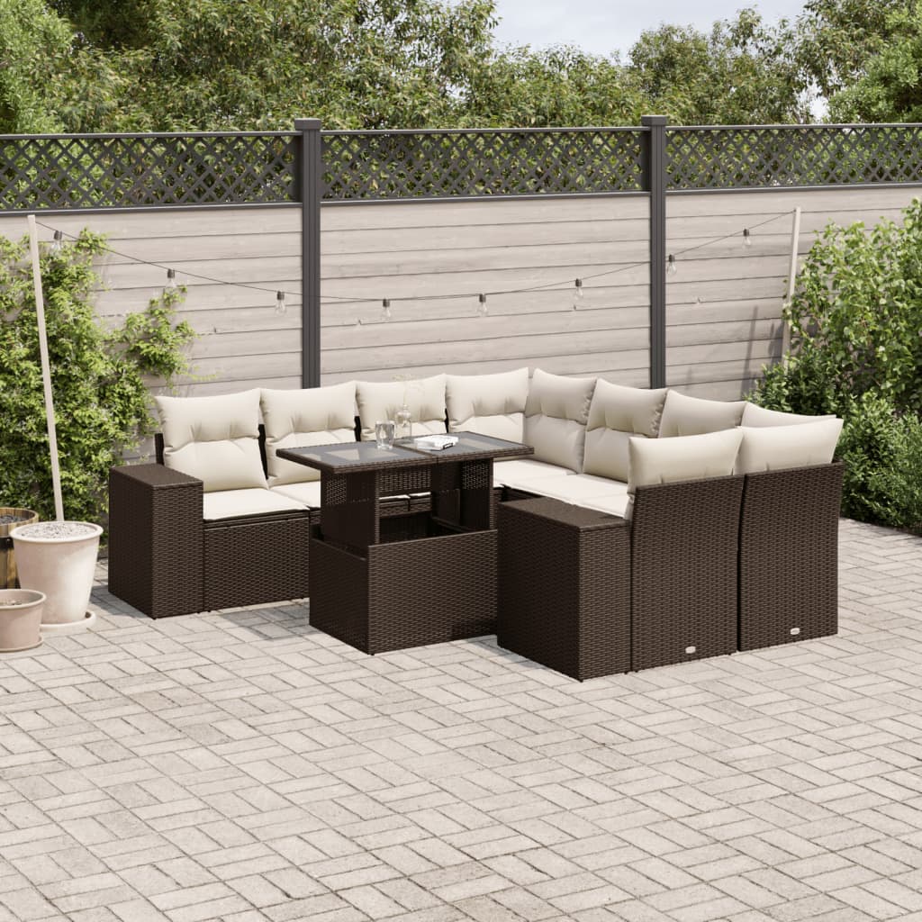 9 Pcs conjunto sofás p/ jardim c/ almofadões vime PE castanho