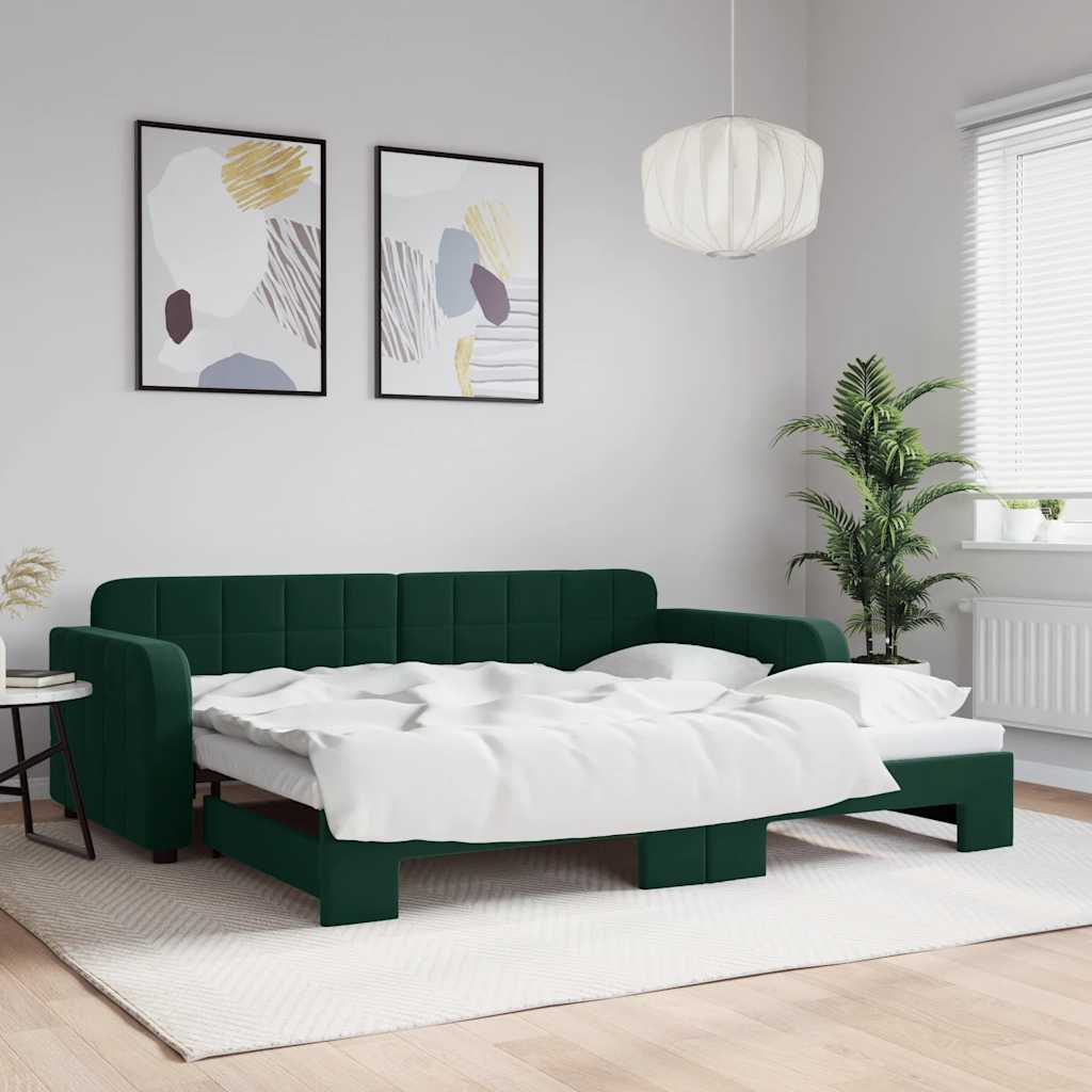 Sofá-cama com gavetão 90x200 cm veludo verde-escuro