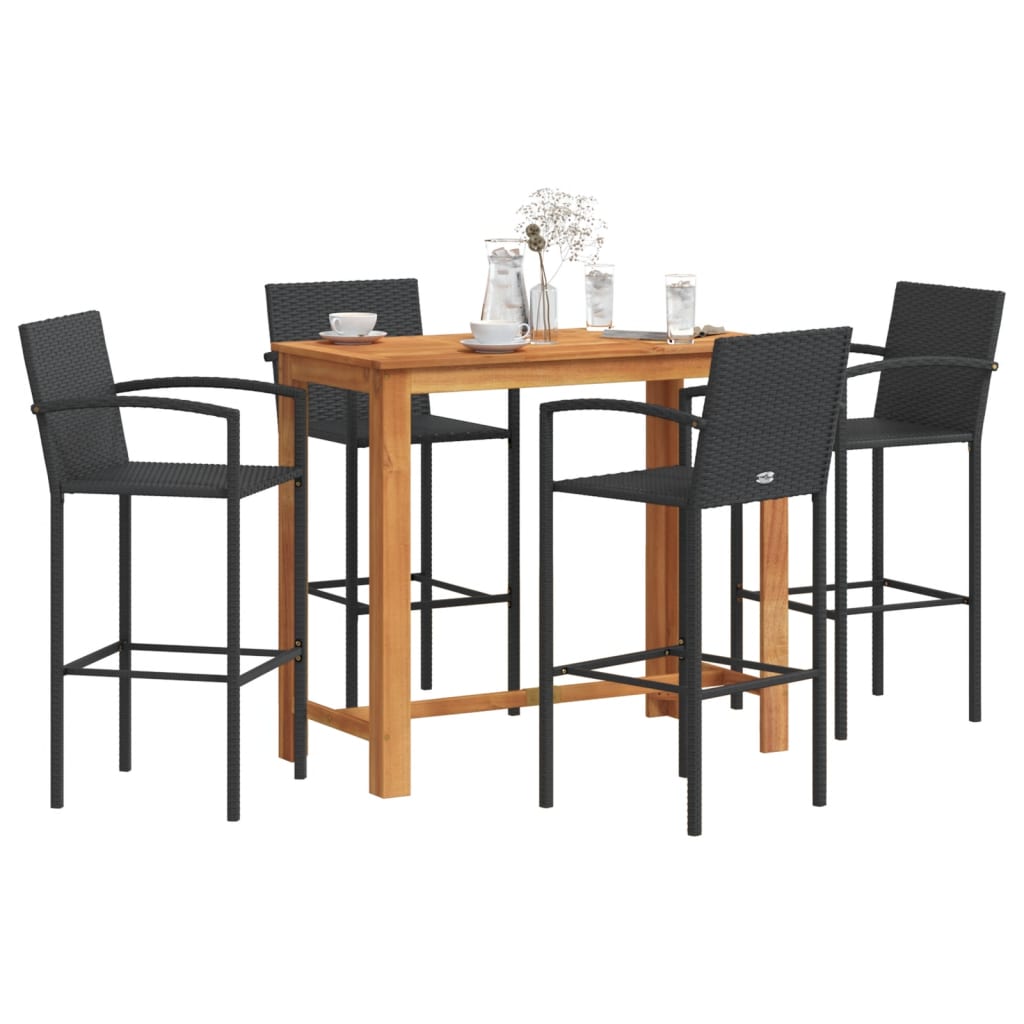 5 Pcs conjunto de bar para jardim vime PE/acácia maciça preto