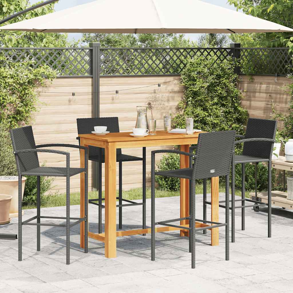5 Pcs conjunto de bar para jardim vime PE/acácia maciça preto