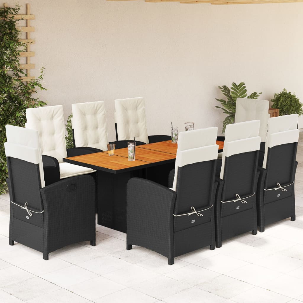 9 Pcs conjunto de jantar p/ jardim c/ almofadões vime PE preto