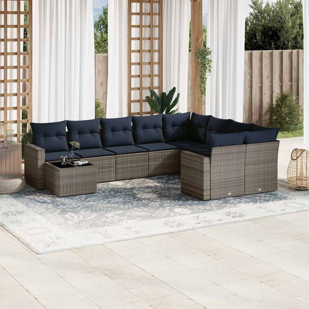 10 Pcs conjunto sofás p/ jardim c/ almofadões vime PE cinzento
