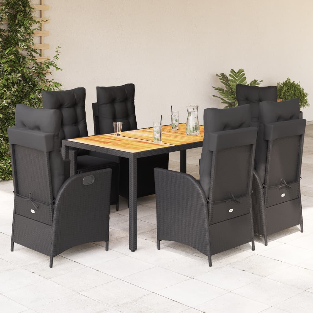 7 Pcs conjunto de jantar p/ jardim c/ almofadões vime PE preto