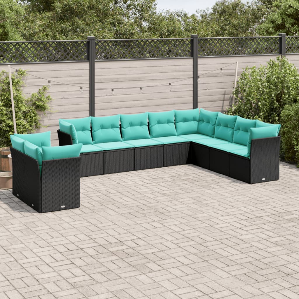 Conjunto de sofá de jardim com 10 peças e almofadas em rattan sintético preto
