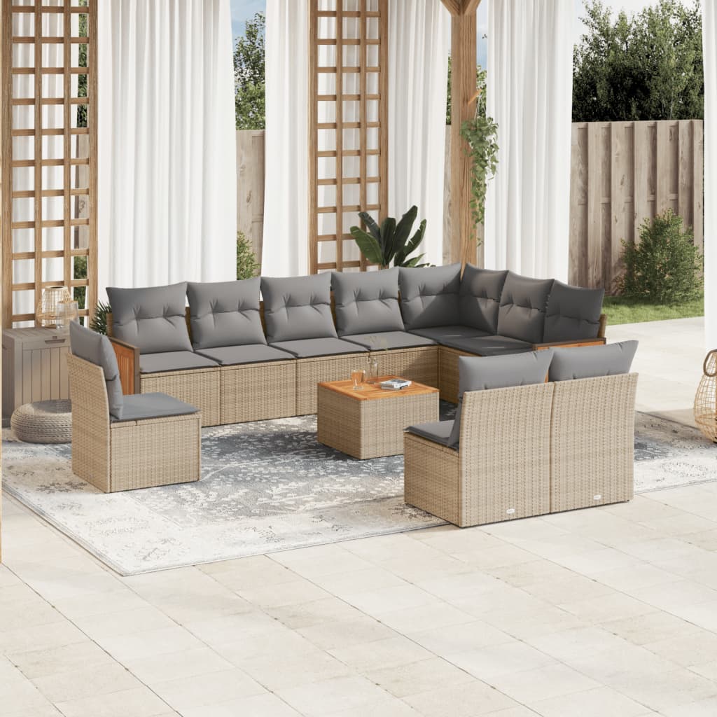 11 Pcs conjunto sofás de jardim c/ almofadões vime PE bege