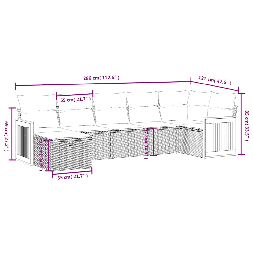 7 Pcs conjunto de sofás p/ jardim c/ almofadões vime PE preto