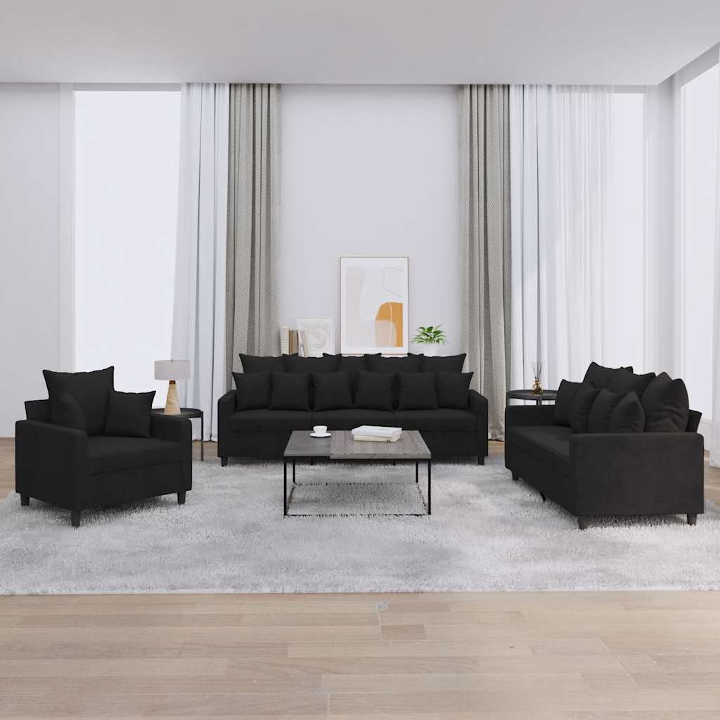 3 Pcs conjunto de sofás com almofadões veludo preto