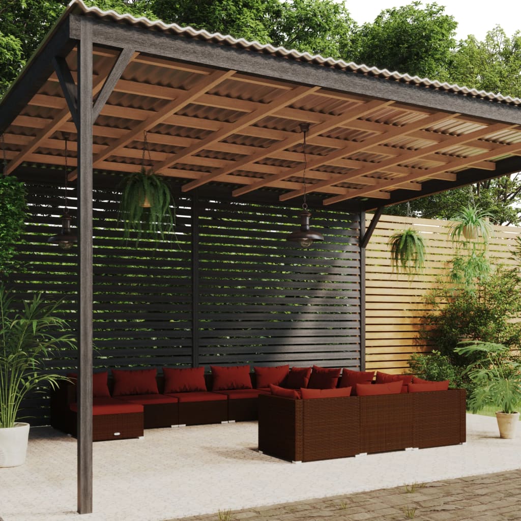 12 Pcs conjunto lounge jardim c/ almofadões vime PE castanho