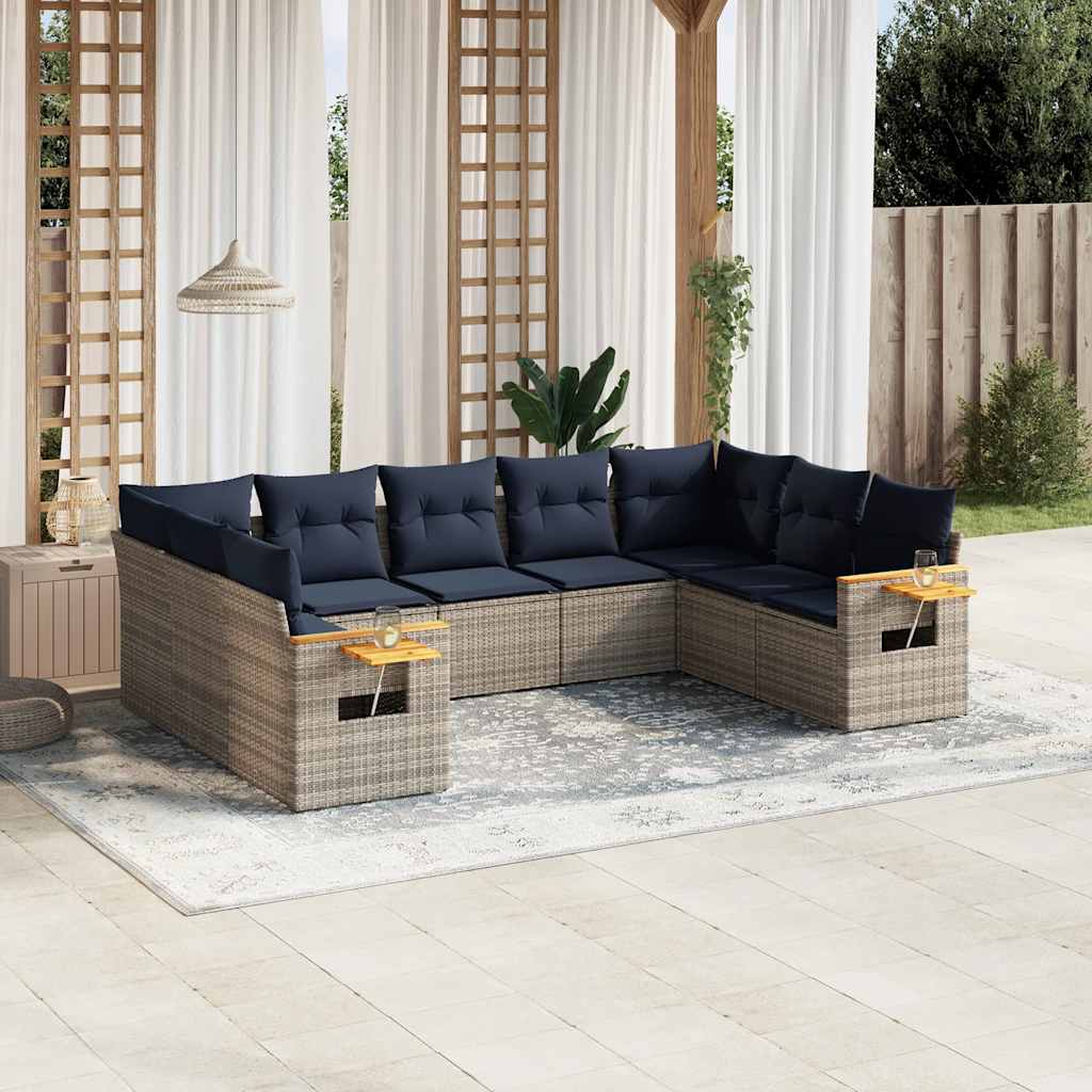 9 Pcs conjunto sofás p/ jardim c/ almofadões vime PE cinzento