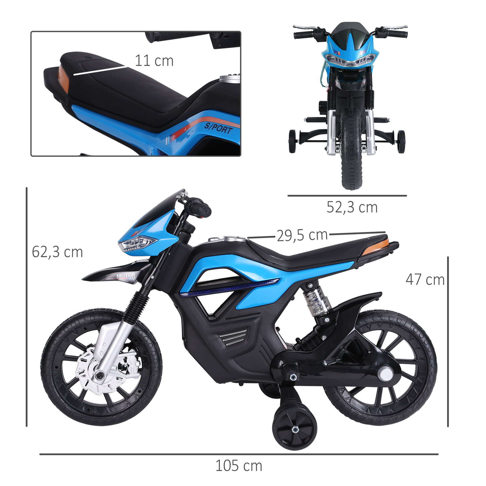 Mota Elétrica Infantil Motocicleta para Crianças acima de 3 anos Bateria 6V com Luzes e Música 105x52,3x62,3 cm Azul