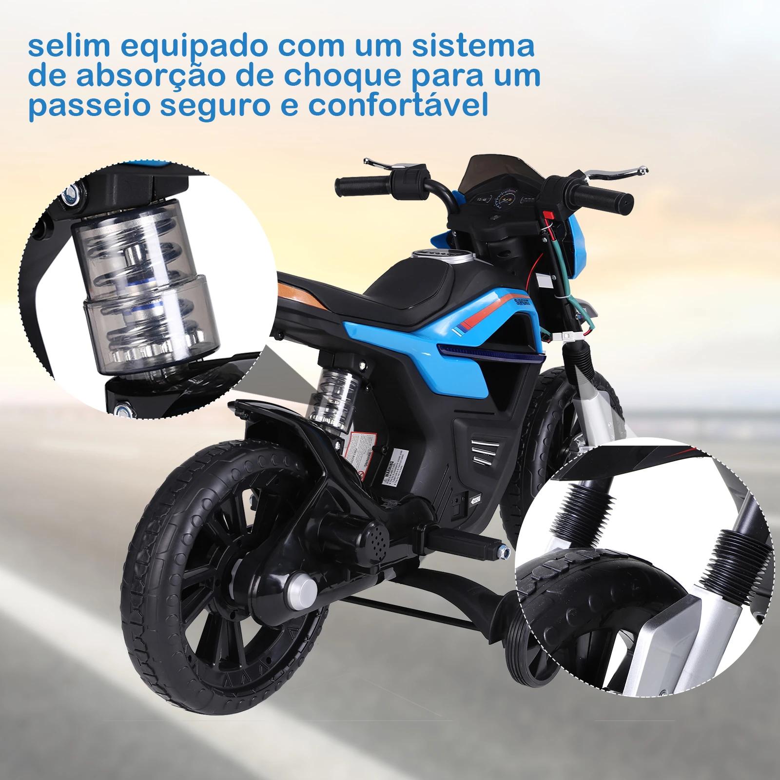 Mota Elétrica Infantil Motocicleta para Crianças acima de 3 anos Bateria 6V com Luzes e Música 105x52,3x62,3 cm Azul