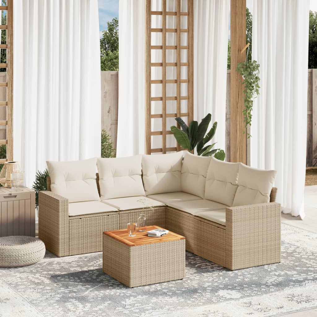 6 Pcs conjunto de sofás p/ jardim com almofadões vime PE bege