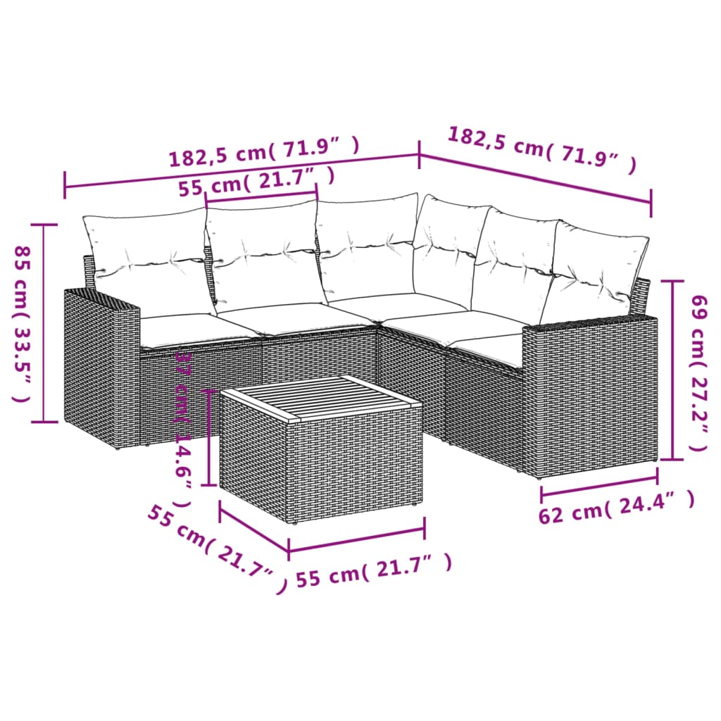 6 Pcs conjunto de sofás p/ jardim com almofadões vime PE bege