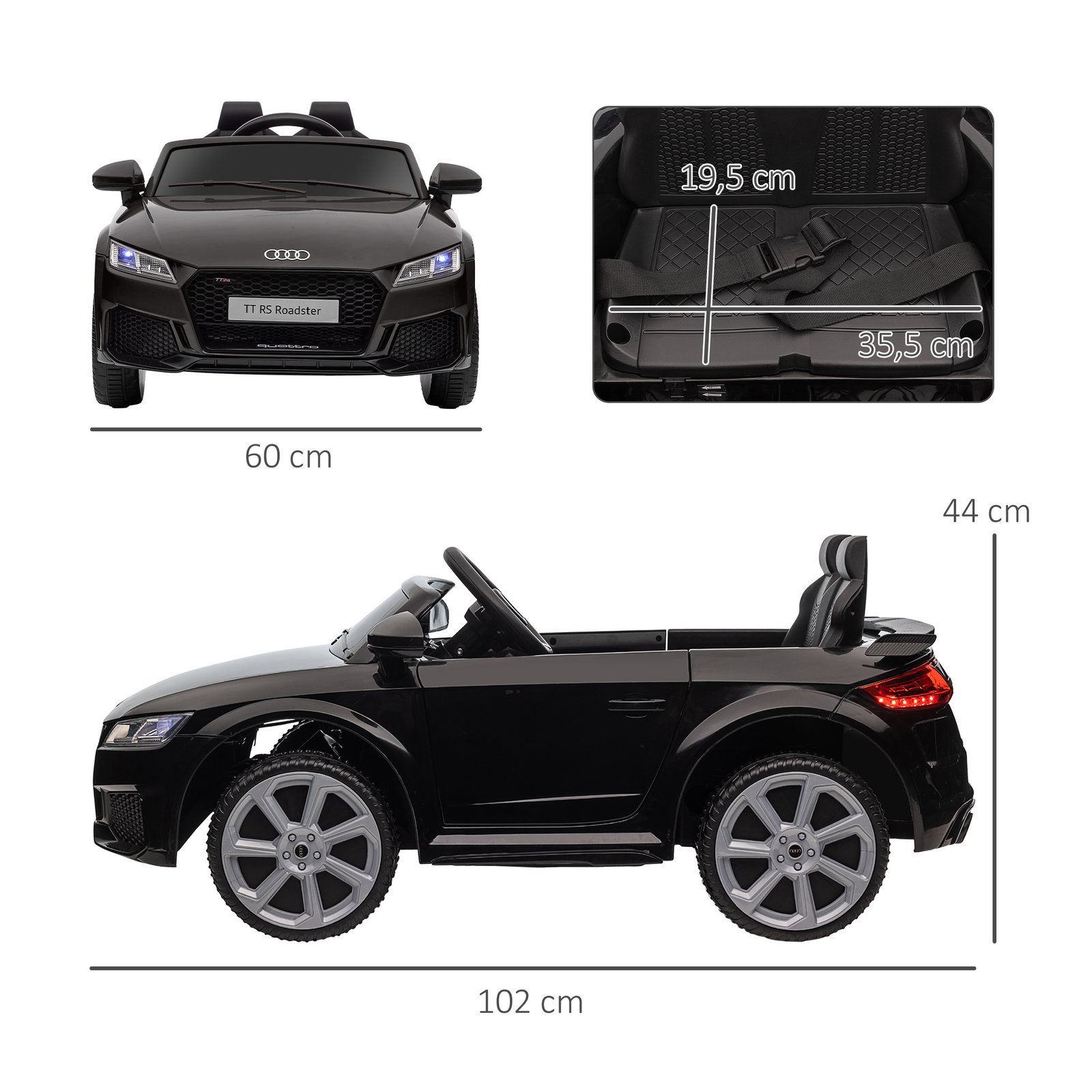 Carro elétrico audi tt para crianças acima de 3 anos com controlo remoto música e luzes bateria 12v 102x60x44 cm preto