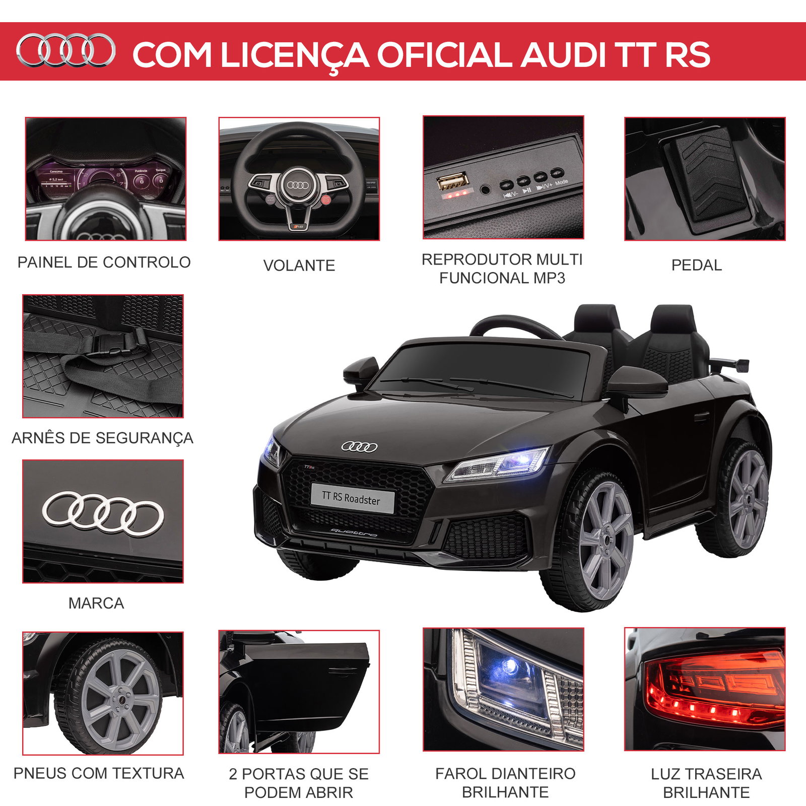 Carro elétrico audi tt para crianças acima de 3 anos com controlo remoto música e luzes bateria 12v 102x60x44 cm preto