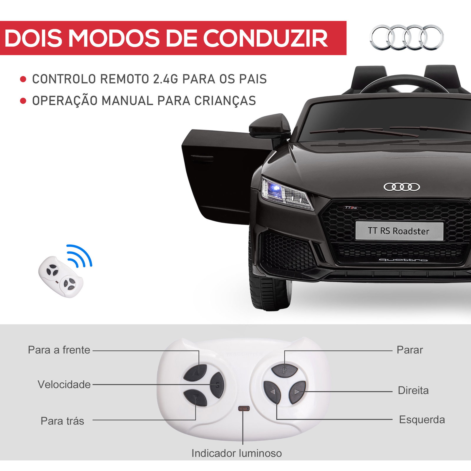 Carro elétrico audi tt para crianças acima de 3 anos com controlo remoto música e luzes bateria 12v 102x60x44 cm preto