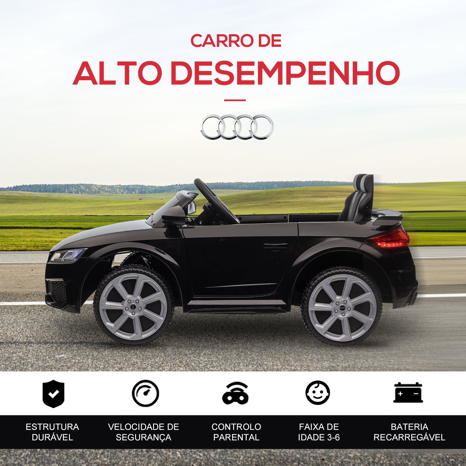 Carro elétrico audi tt para crianças acima de 3 anos com controlo remoto música e luzes bateria 12v 102x60x44 cm preto