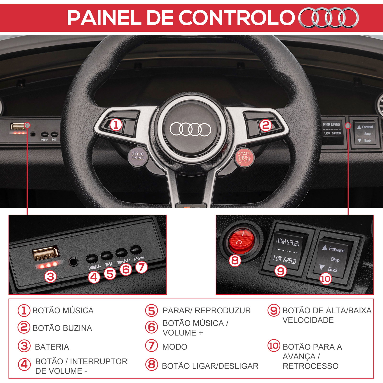 Carro elétrico audi tt para crianças acima de 3 anos com controlo remoto música e luzes bateria 12v 102x60x44 cm preto