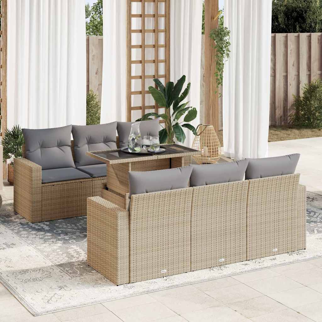 7 Pcs conjunto de sofás p/ jardim com almofadões vime PE bege