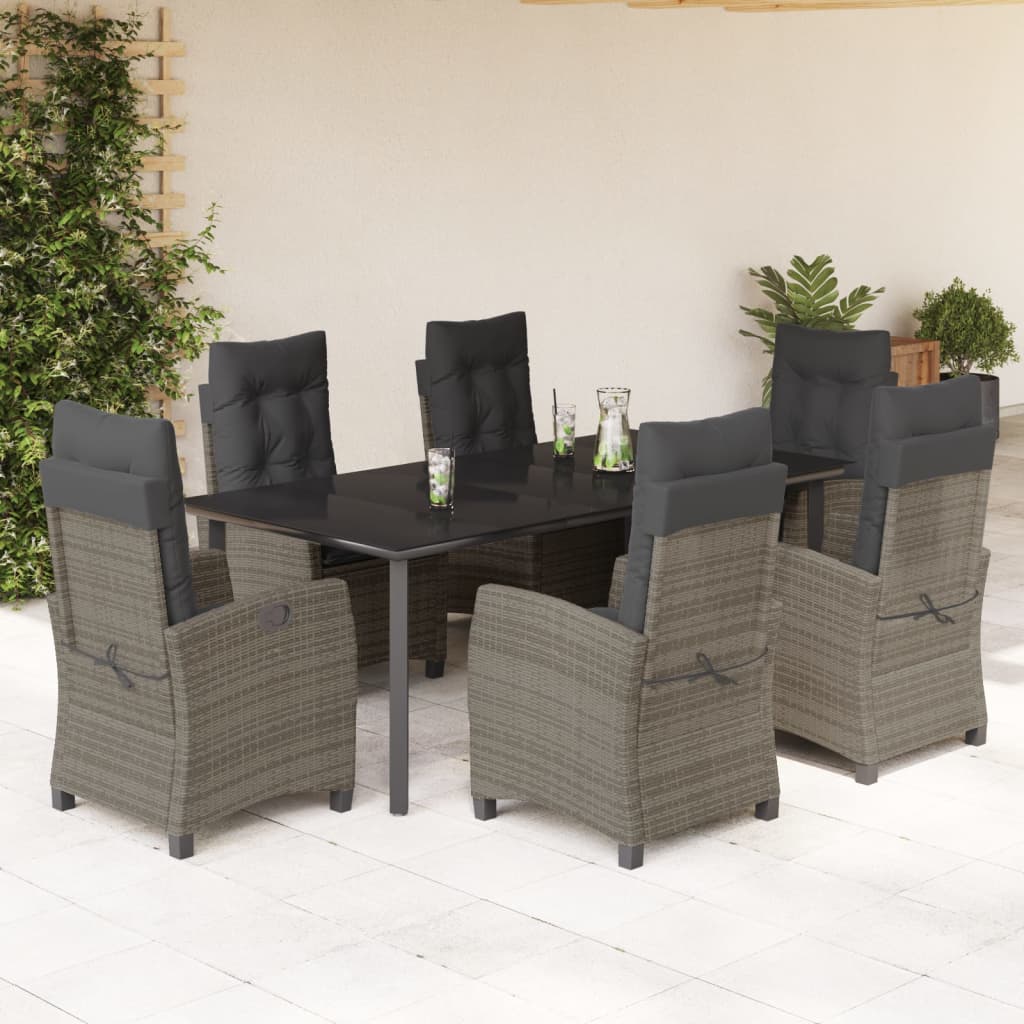 7 Pcs conjunto de jantar p/ jardim c/ almofadões vime PE cinza