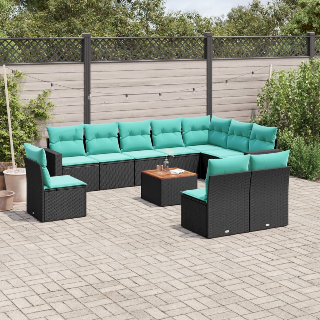 11 Pcs conjunto sofás de jardim c/ almofadões vime PE preto
