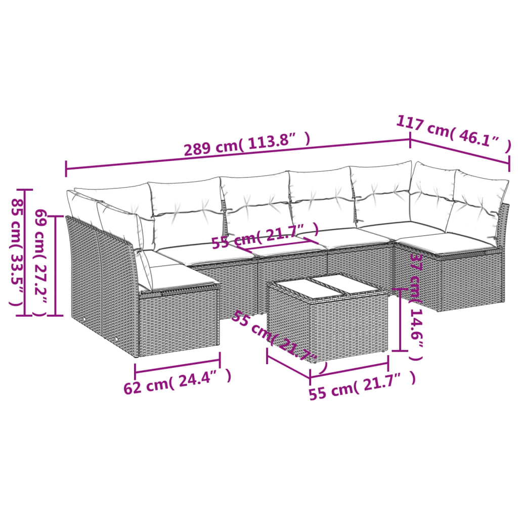 8 Pcs conjunto sofás de jardim com almofadões vime PE preto