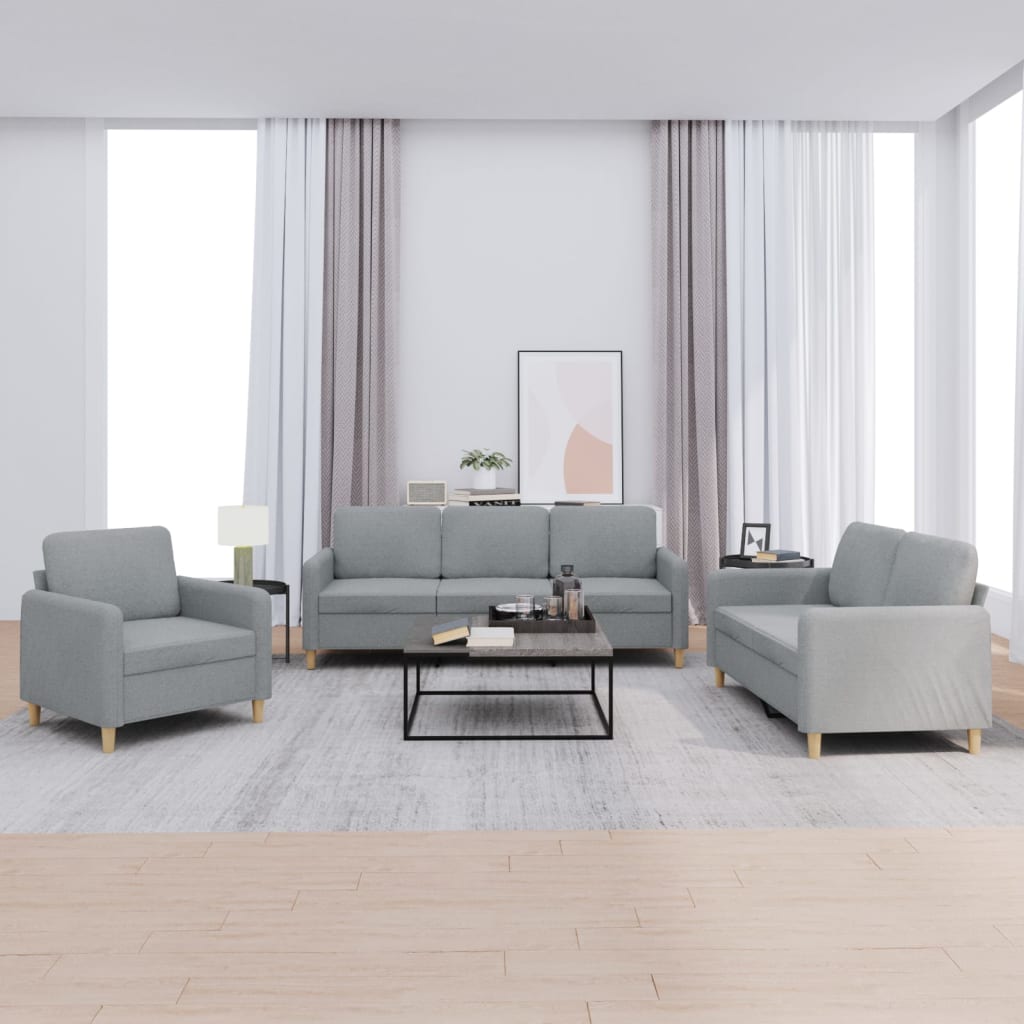 3 Pcs conjunto de sofás com almofadões tecido cinzento-claro