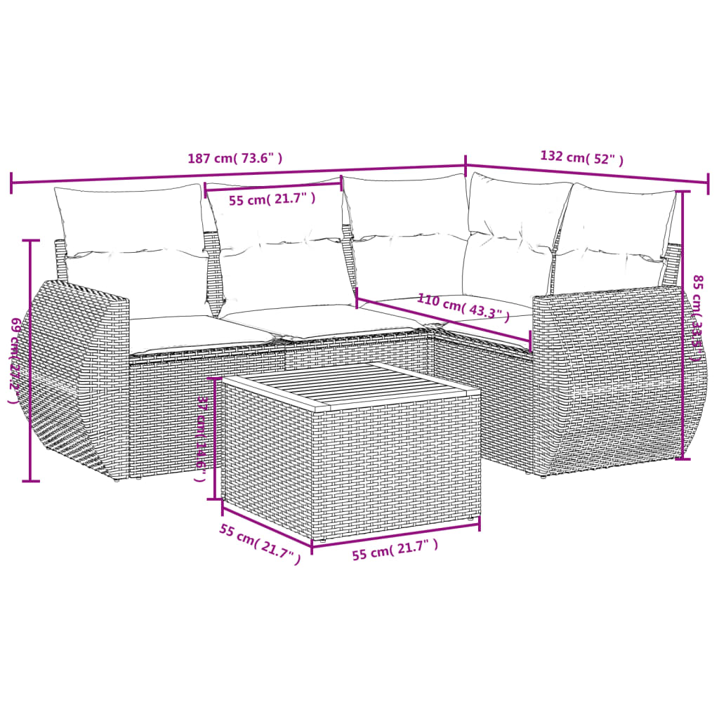 5 Pcs conjunto de sofás p/ jardim com almofadões vime PE bege