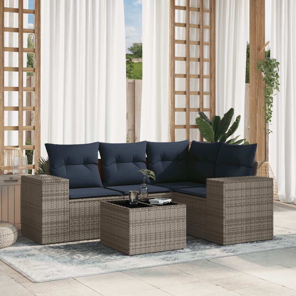 Conjunto de sofá de jardim de 5 peças com almofadas em rattan sintético cinza