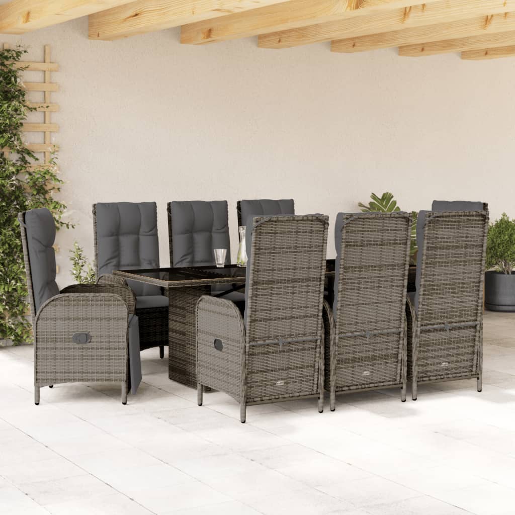 9 Pcs conjunto de jantar p/ jardim c/ almofadões vime PE cinza