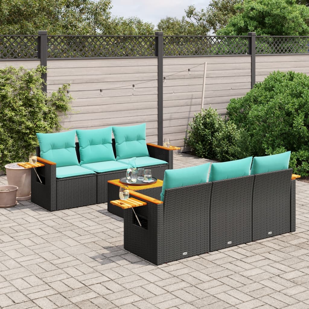 7 Pcs conjunto de sofás p/ jardim c/ almofadões vime PE preto