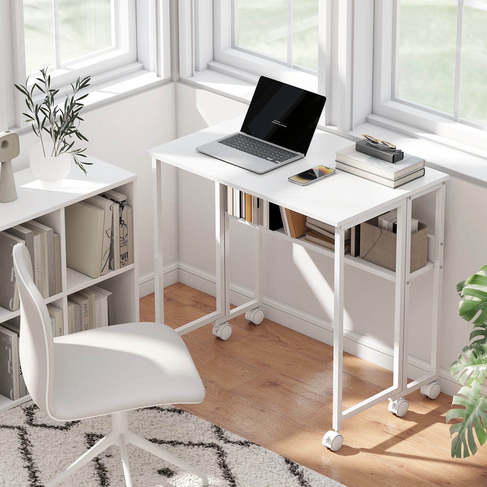 Secretária dobrável com rodas prateleira e bolso de arrumação ideal para espaços pequenos 80x50x75 cm branco