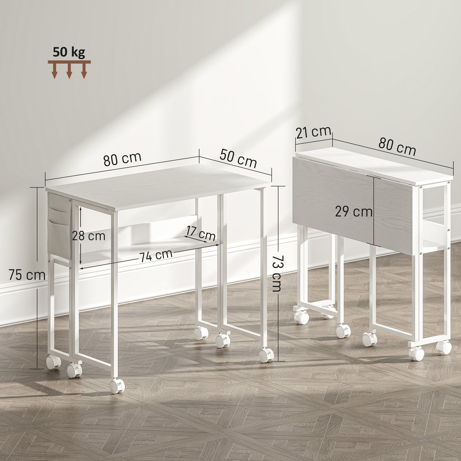 Secretária dobrável com rodas prateleira e bolso de arrumação ideal para espaços pequenos 80x50x75 cm branco