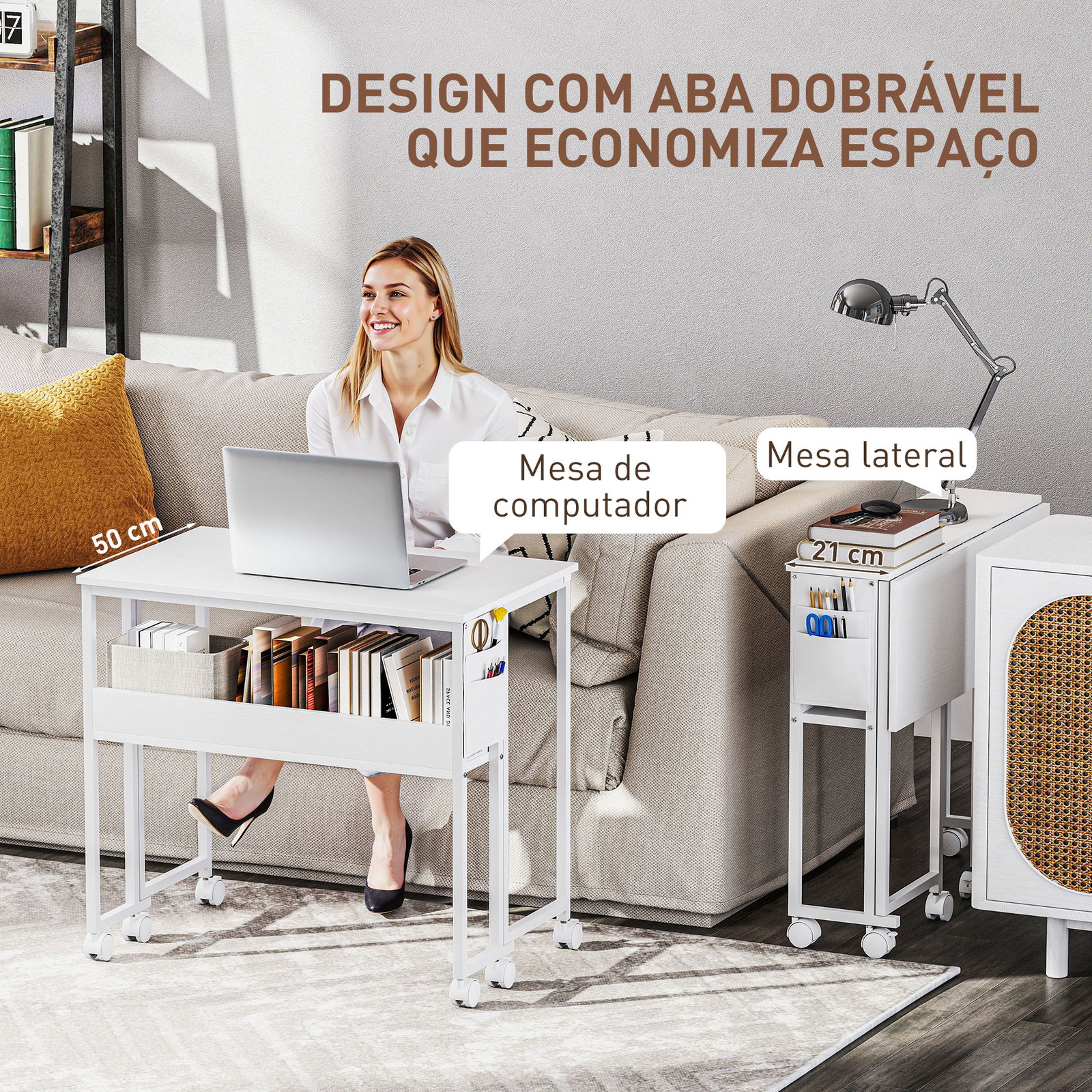 Secretária dobrável com rodas prateleira e bolso de arrumação ideal para espaços pequenos 80x50x75 cm branco