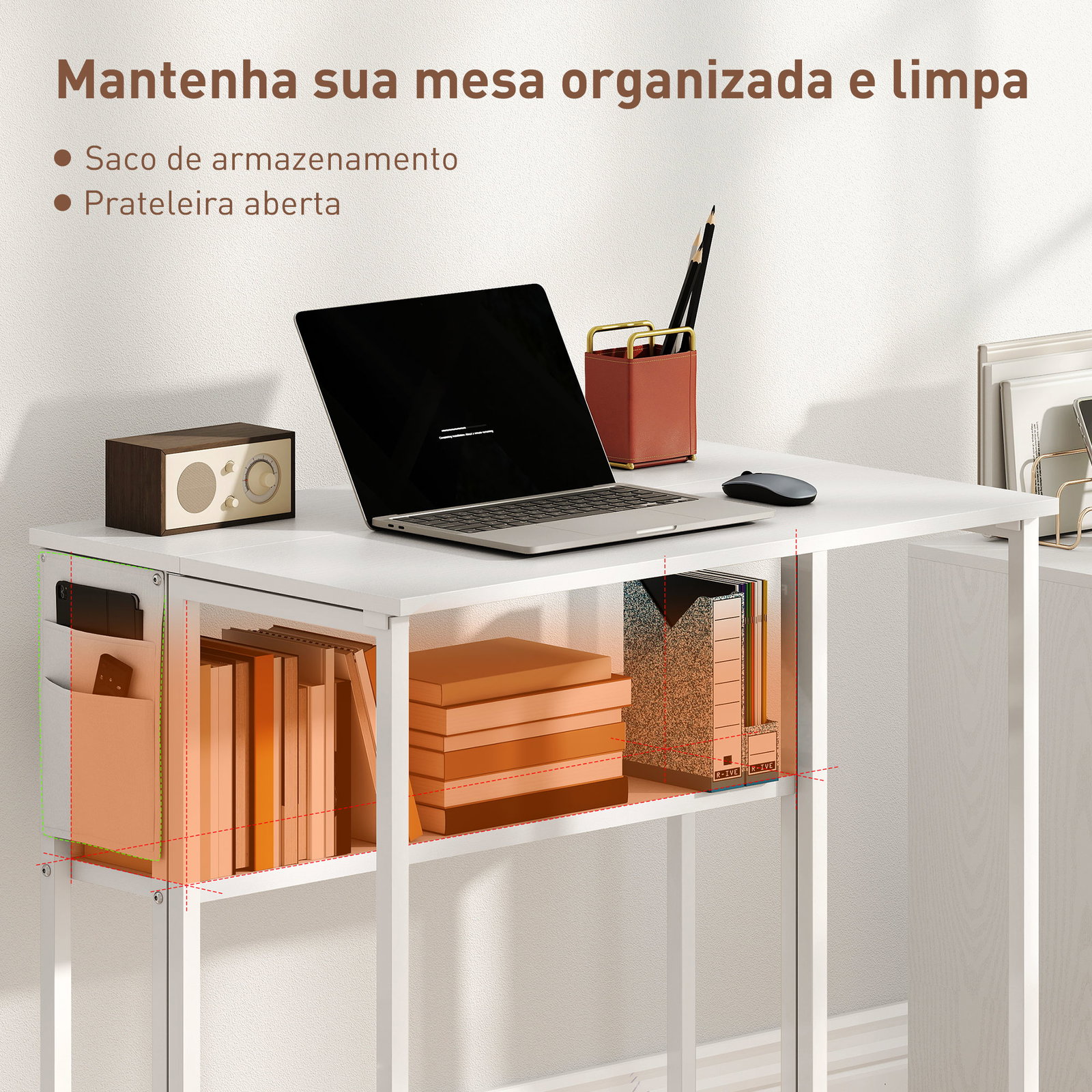 Secretária dobrável com rodas prateleira e bolso de arrumação ideal para espaços pequenos 80x50x75 cm branco