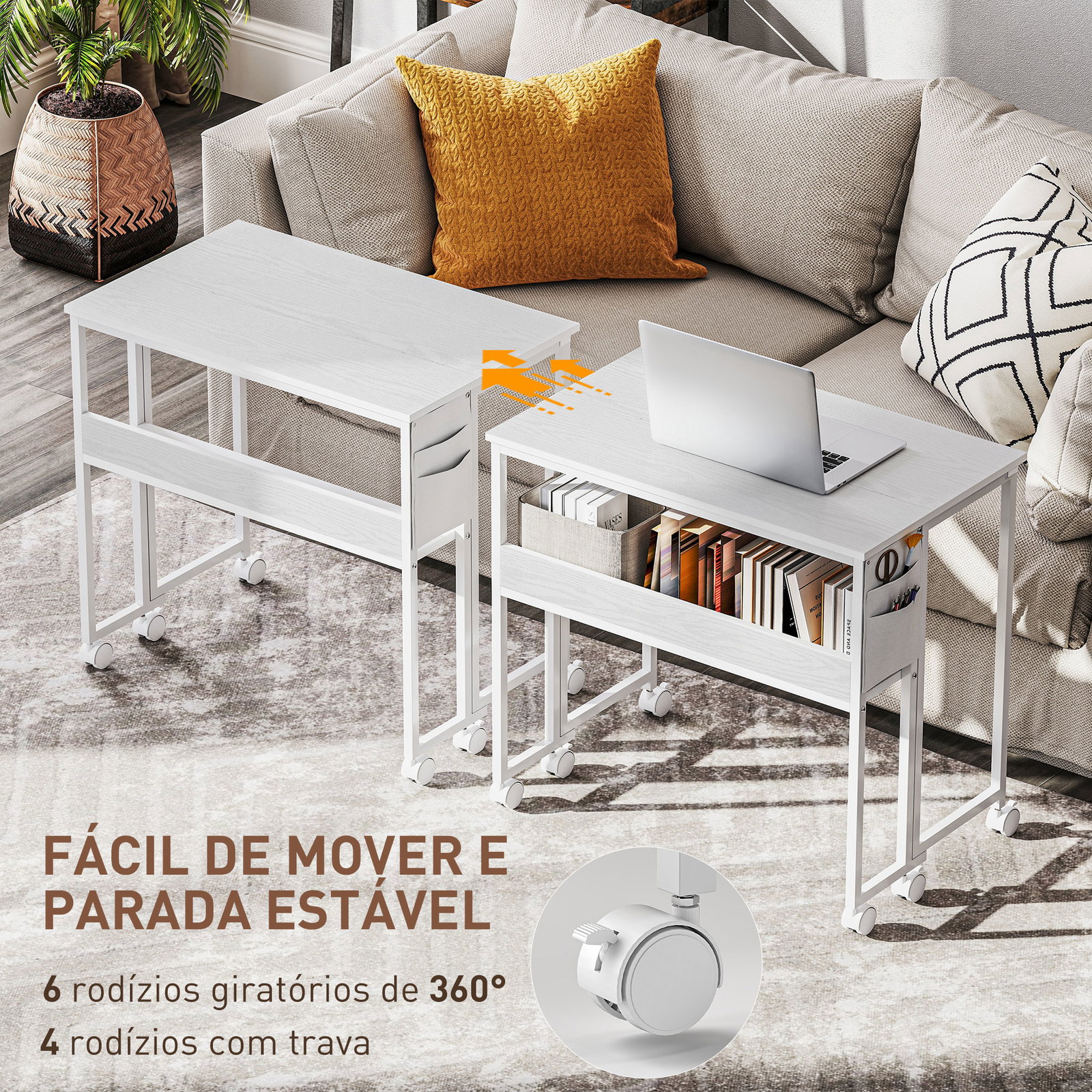 Secretária dobrável com rodas prateleira e bolso de arrumação ideal para espaços pequenos 80x50x75 cm branco