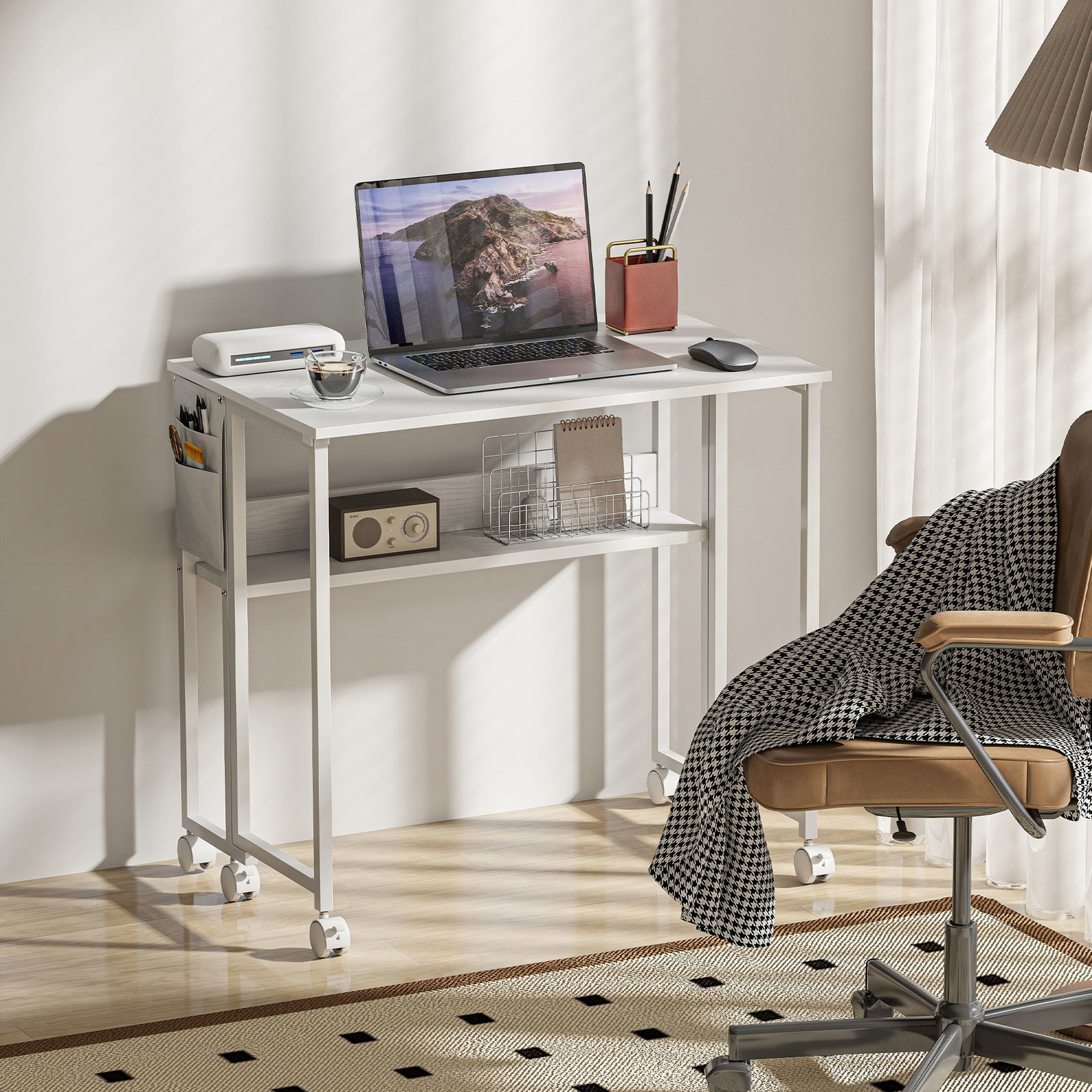 Secretária dobrável com rodas prateleira e bolso de arrumação ideal para espaços pequenos 80x50x75 cm branco