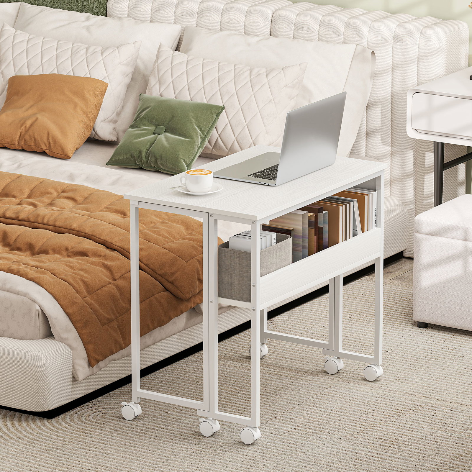 Secretária dobrável com rodas prateleira e bolso de arrumação ideal para espaços pequenos 80x50x75 cm branco