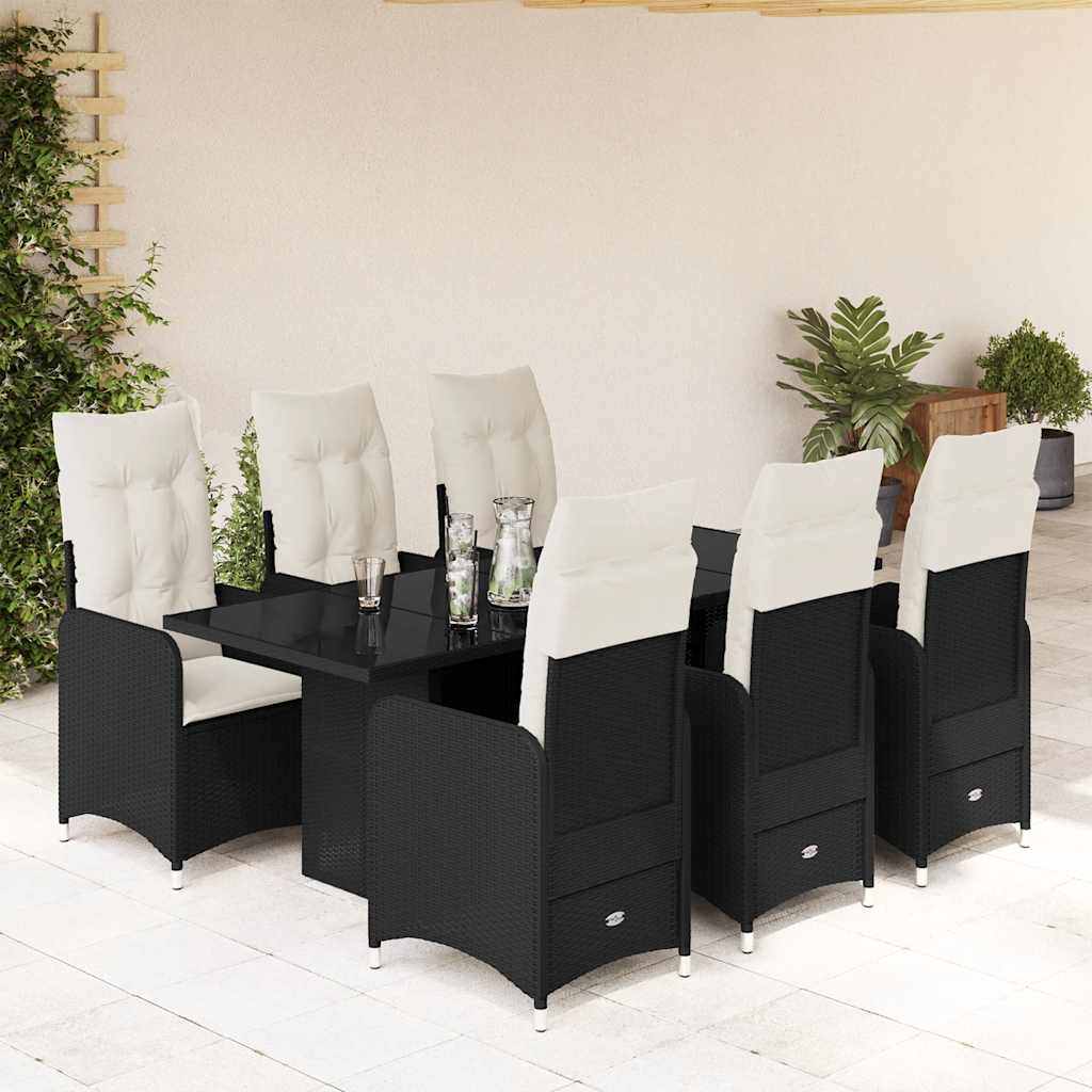 7 Pcs conjunto de bistrô p/ jardim c/ almofadões vime PE preto
