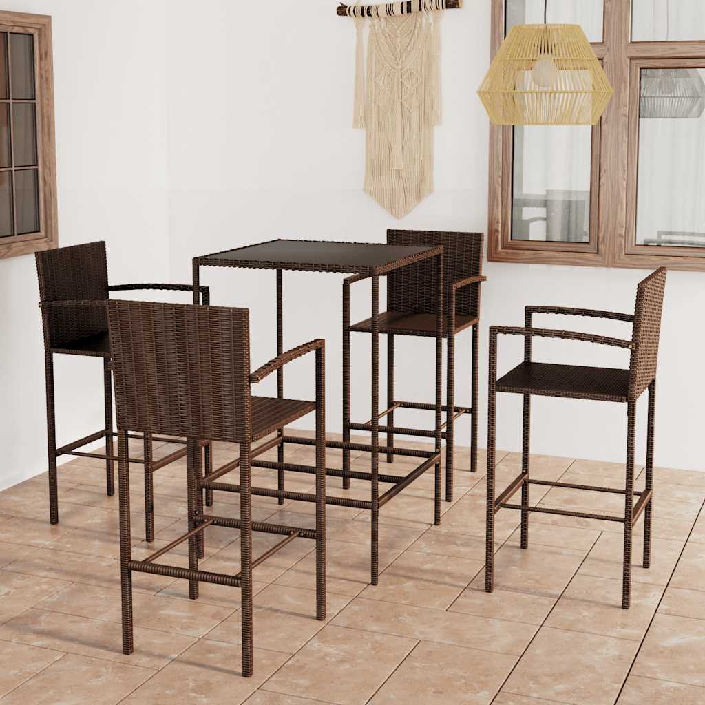 5 Pcs conjunto de bar para jardim vime PE castanho
