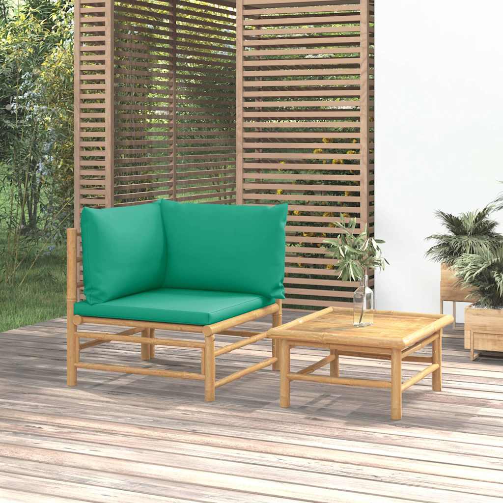 2 Pcs conjunto lounge de jardim bambu c/ almofadões verdes
