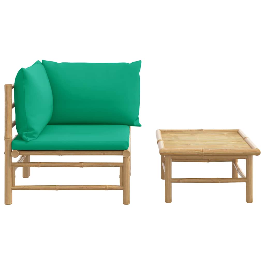 2 Pcs conjunto lounge de jardim bambu c/ almofadões verdes
