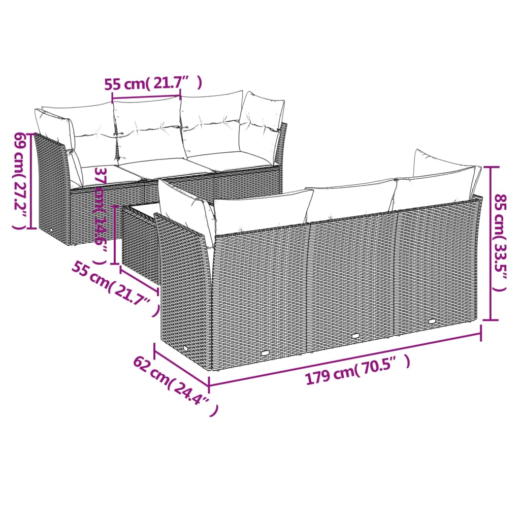 7 Pcs conjunto de sofás p/ jardim com almofadões vime PE bege