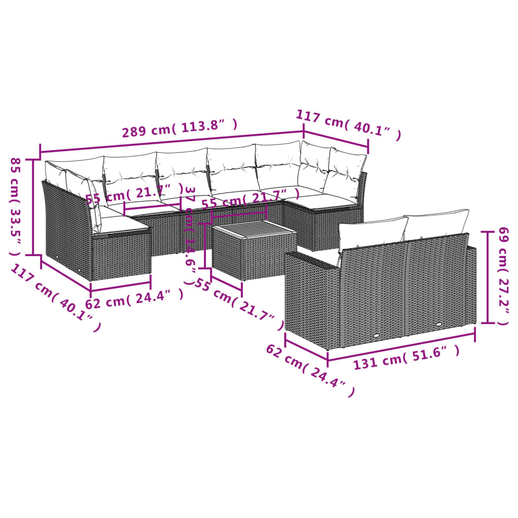 10 Pcs conjunto de sofás p/ jardim com almofadões vime PE bege