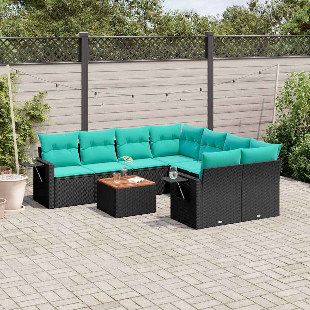 Conjunto de sofá de jardim de 9 peças com almofadas em rattan sintético preto
