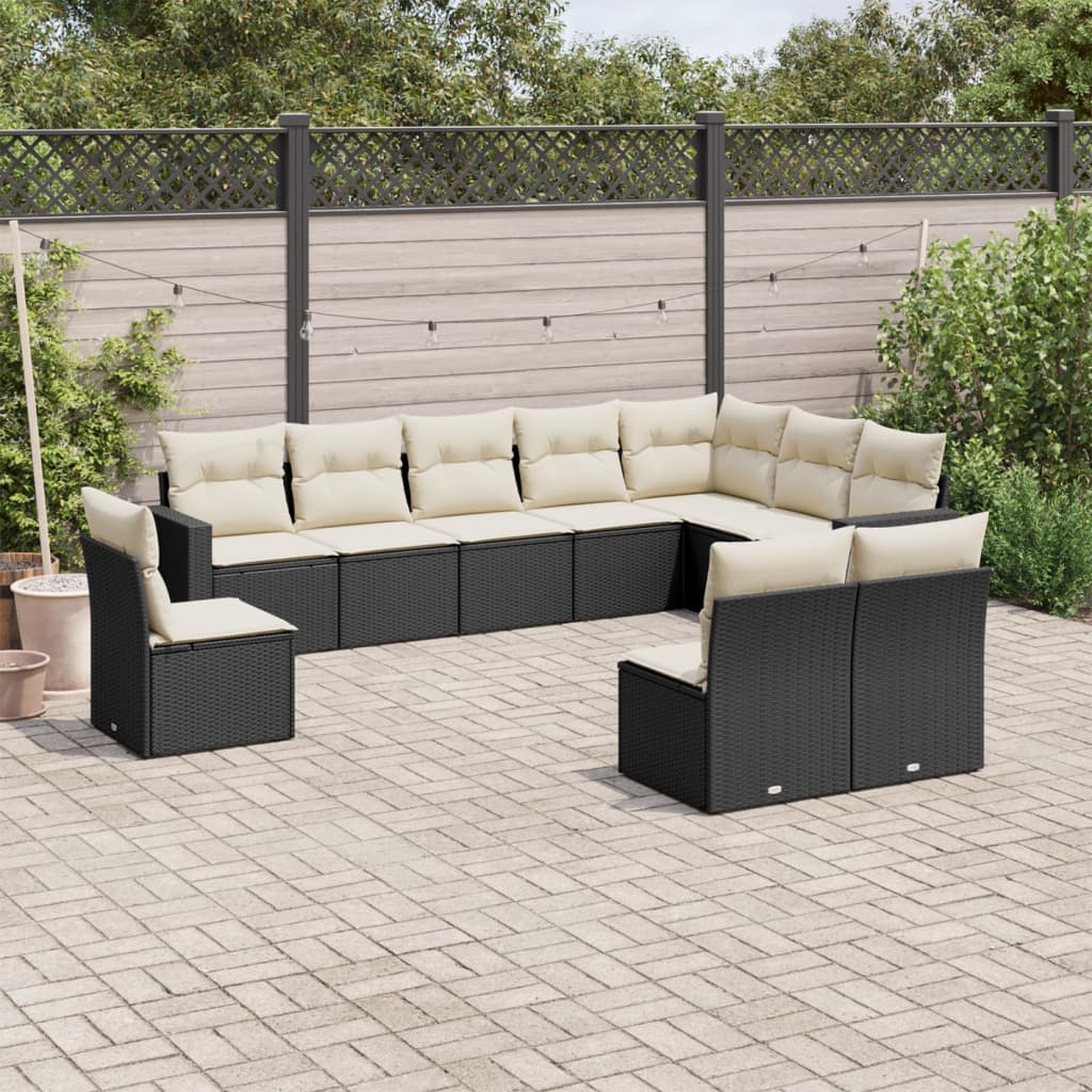 10 Pcs conjunto sofás de jardim c/ almofadões vime PE preto
