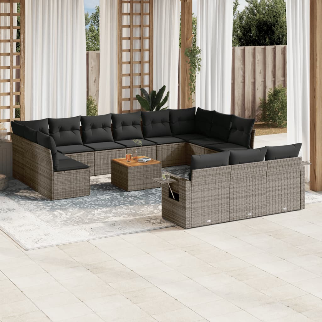 14 Pcs conjunto sofás p/ jardim c/ almofadões vime PE cinzento