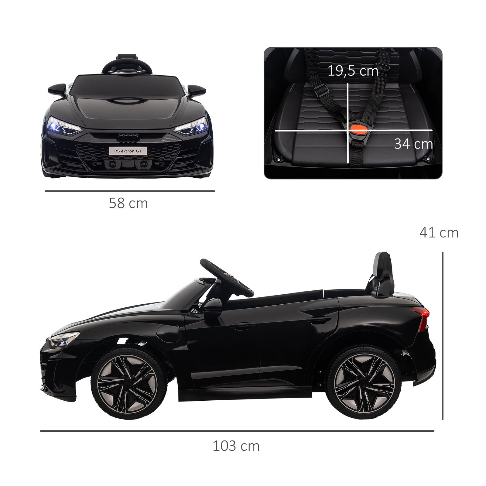 Carro elétrico audi rs e-tron gt 12v com 2 motores faróis LED buzina música USB 3-5km/h 103x58x41cm preto