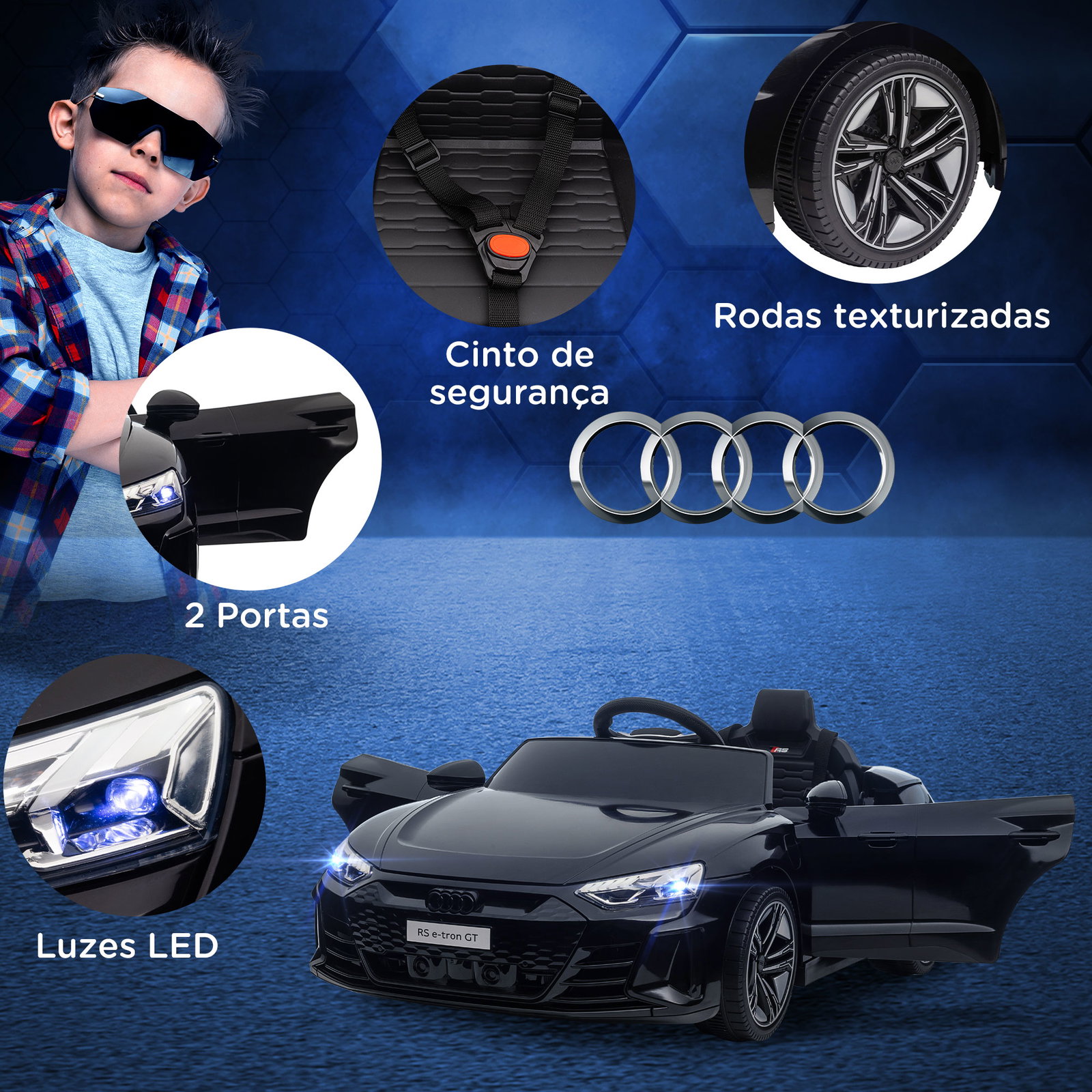 Carro elétrico audi rs e-tron gt 12v com 2 motores faróis LED buzina música USB 3-5km/h 103x58x41cm preto